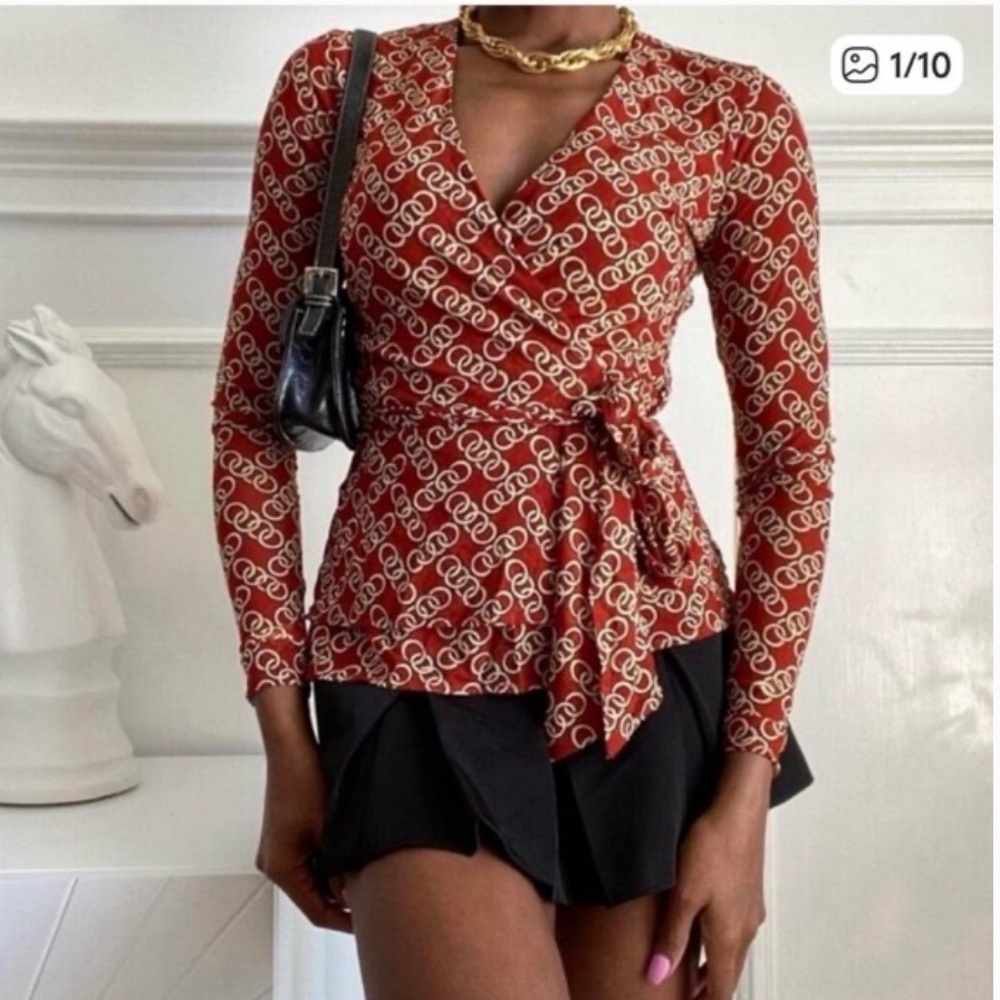 CAbi Red and White Patterned Blouse